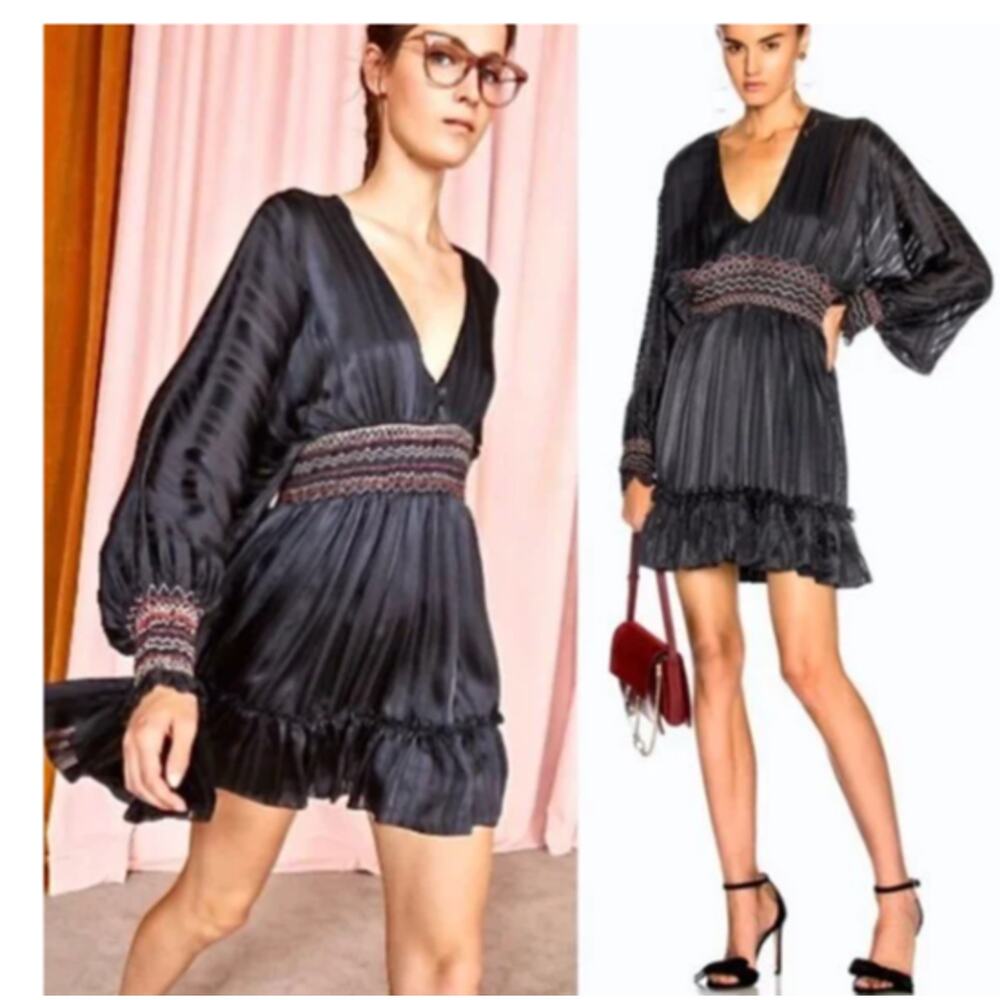 Ulla Johnson Odette Smocked Silk Midnight Mini Dress Size 2